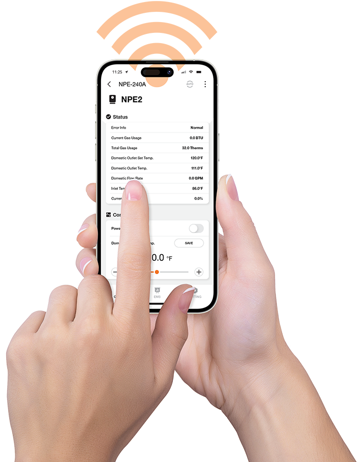 Person using NaviLink Lite app to control tankless hot water heater temperature