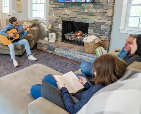 propane fireplace in living room keeping family warm